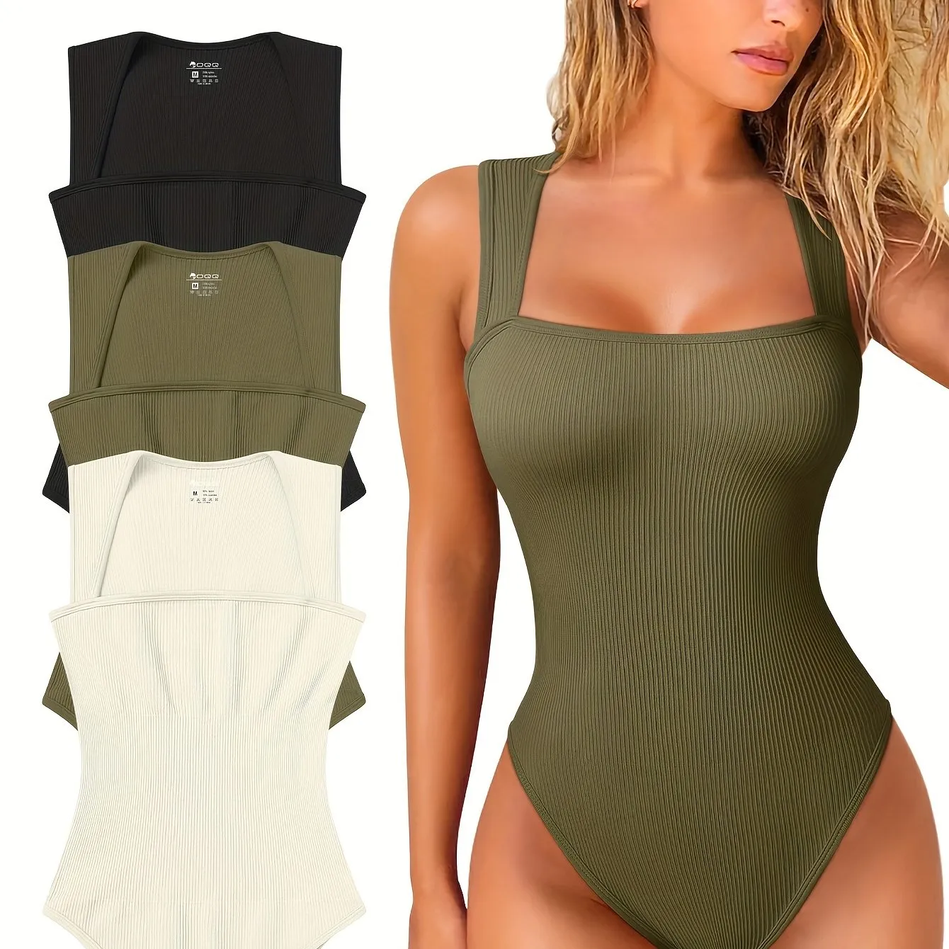 OQQ 3 Piece Bodysuits For Women Sexy Ribbed Strappy Square Neck Stretch Tank Tops Bodysuits