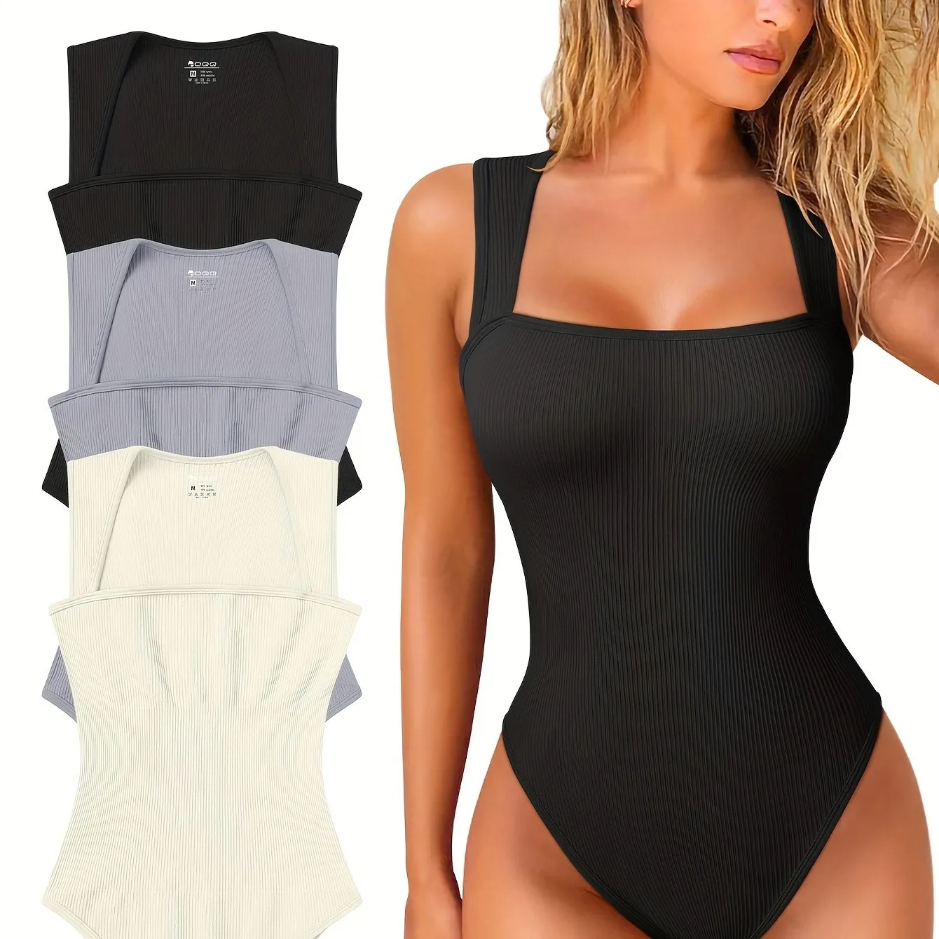 OQQ 3 Piece Bodysuits For Women Sexy Ribbed Strappy Square Neck Stretch Tank Tops Bodysuits