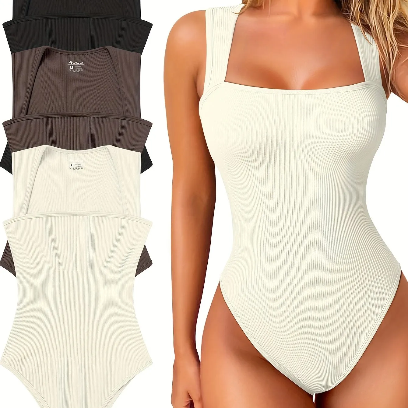 OQQ 3 Piece Bodysuits For Women Sexy Ribbed Strappy Square Neck Stretch Tank Tops Bodysuits
