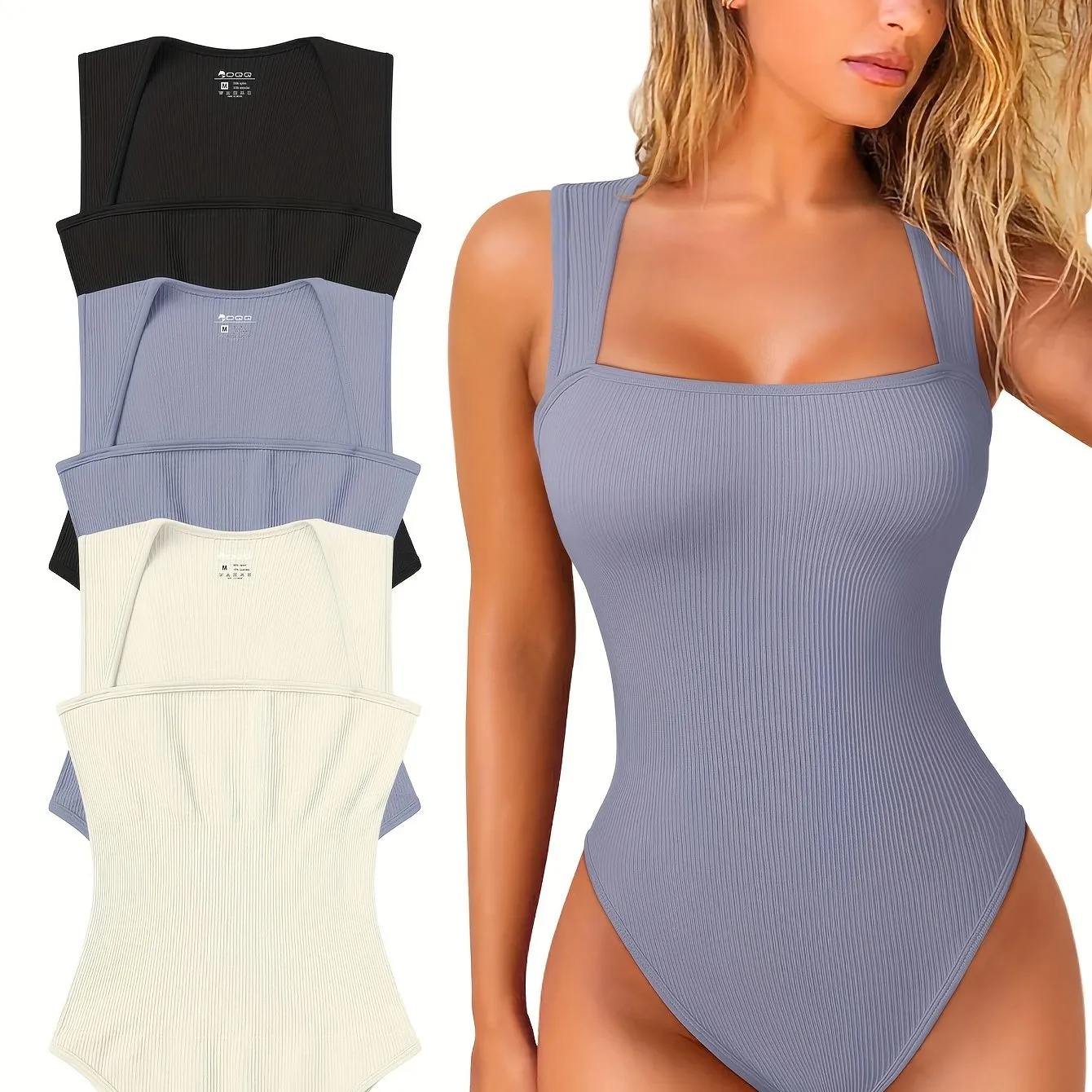 OQQ 3 Piece Bodysuits For Women Sexy Ribbed Strappy Square Neck Stretch Tank Tops Bodysuits