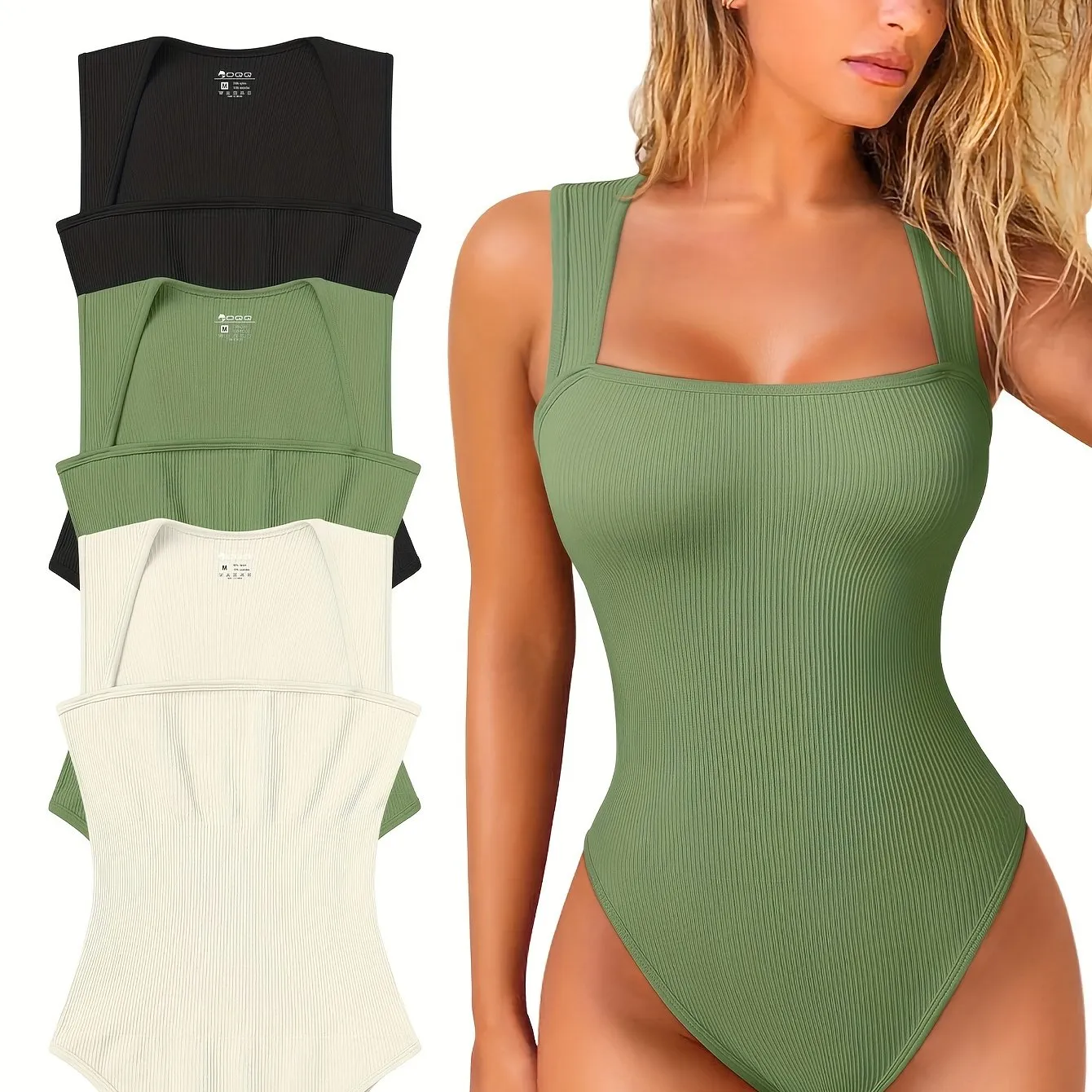 OQQ 3 Piece Bodysuits For Women Sexy Ribbed Strappy Square Neck Stretch Tank Tops Bodysuits