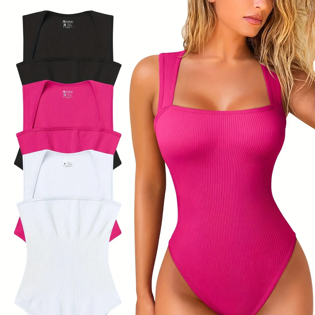 OQQ 3 Piece Bodysuits For Women Sexy Ribbed Strappy Square Neck Stretch Tank Tops Bodysuits