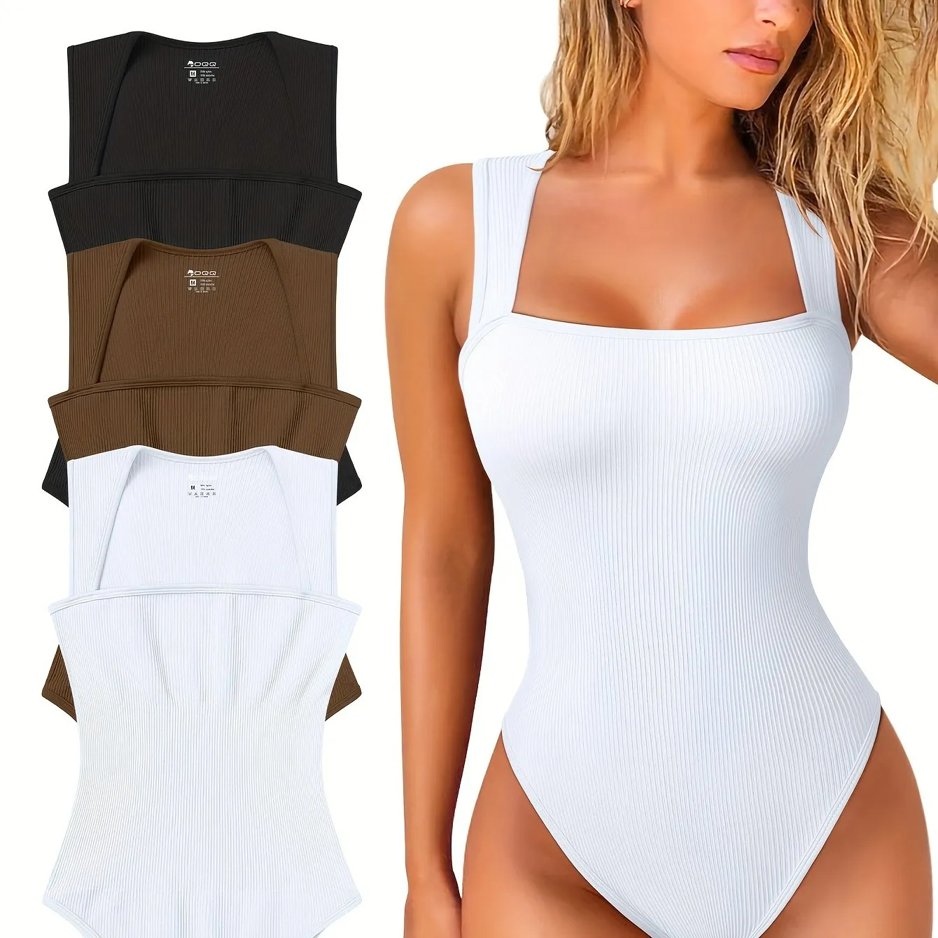 OQQ 3 Piece Bodysuits For Women Sexy Ribbed Strappy Square Neck Stretch Tank Tops Bodysuits