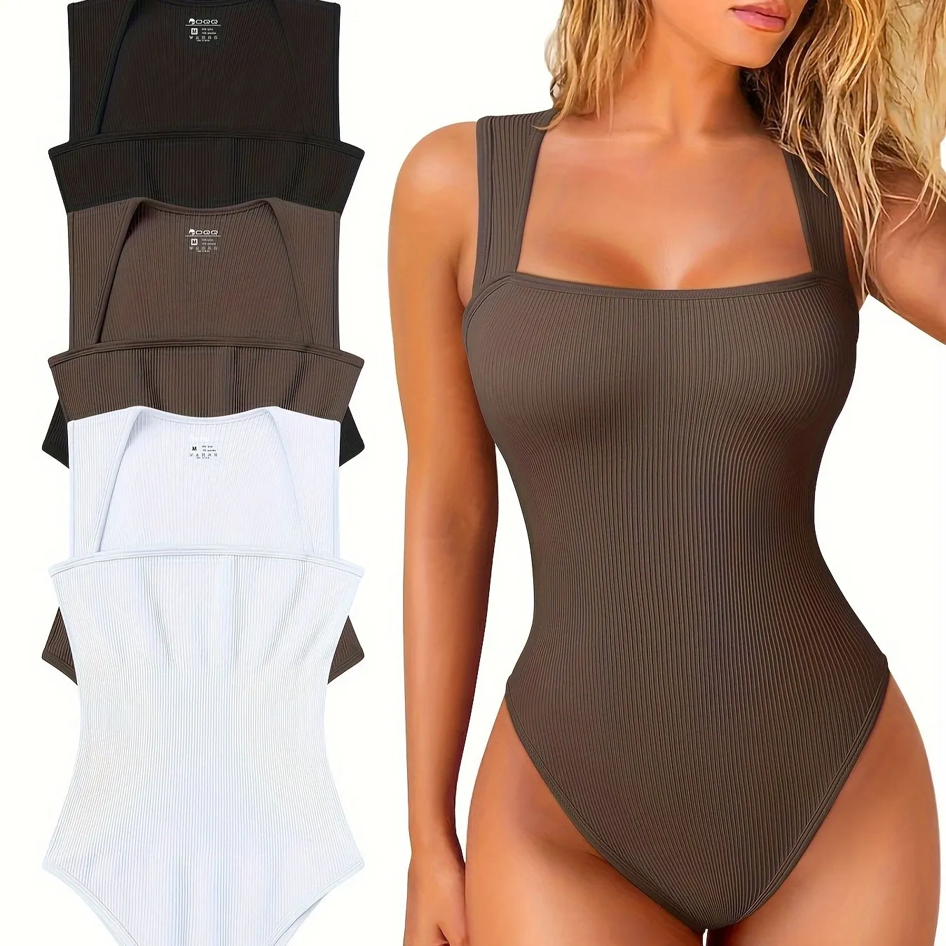 OQQ 3 Piece Bodysuits For Women Sexy Ribbed Strappy Square Neck Stretch Tank Tops Bodysuits