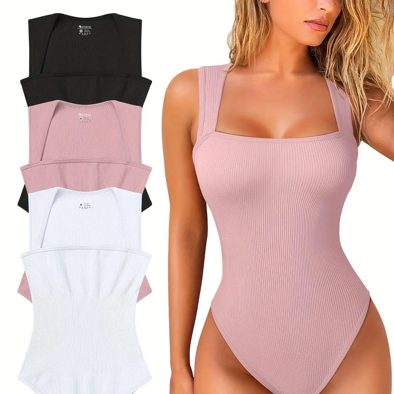 OQQ 3 Piece Bodysuits For Women Sexy Ribbed Strappy Square Neck Stretch Tank Tops Bodysuits