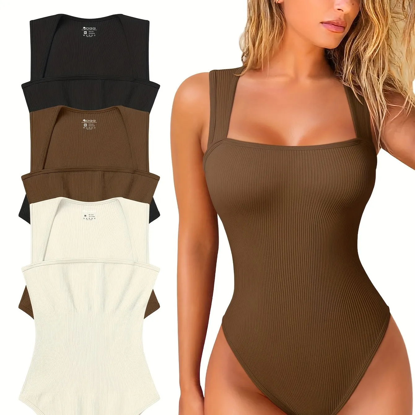 OQQ 3 Piece Bodysuits For Women Sexy Ribbed Strappy Square Neck Stretch Tank Tops Bodysuits