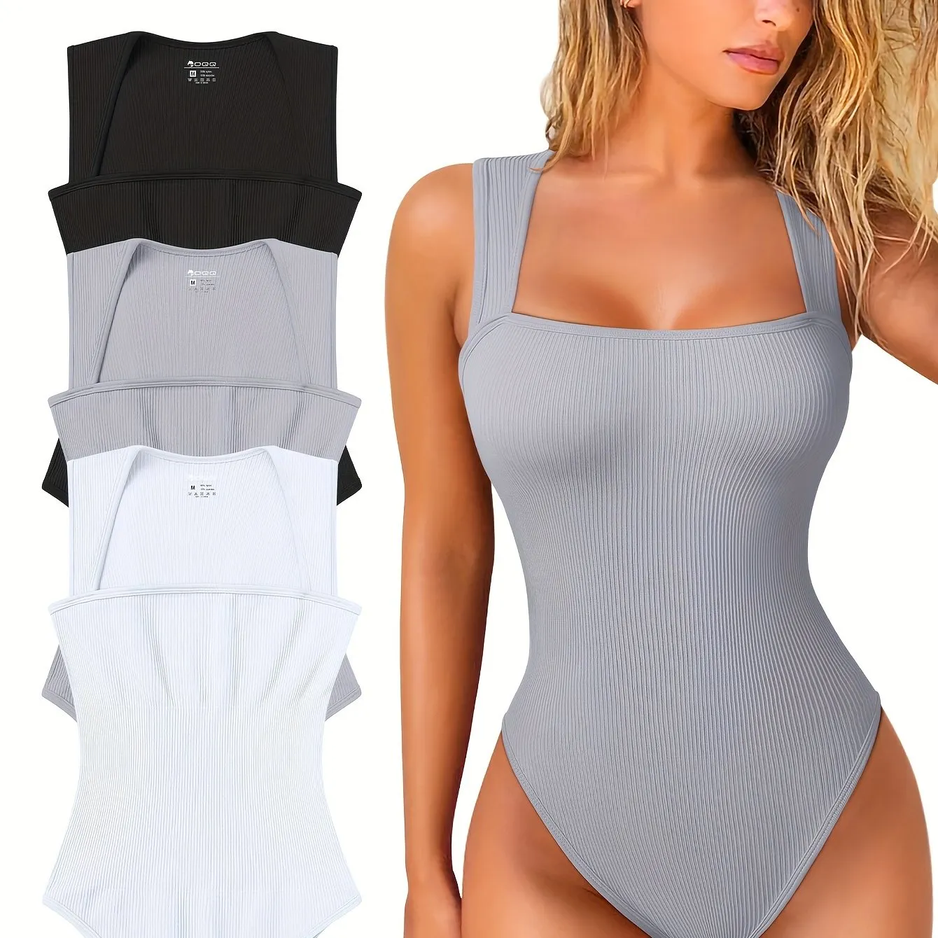 OQQ 3 Piece Bodysuits For Women Sexy Ribbed Strappy Square Neck Stretch Tank Tops Bodysuits