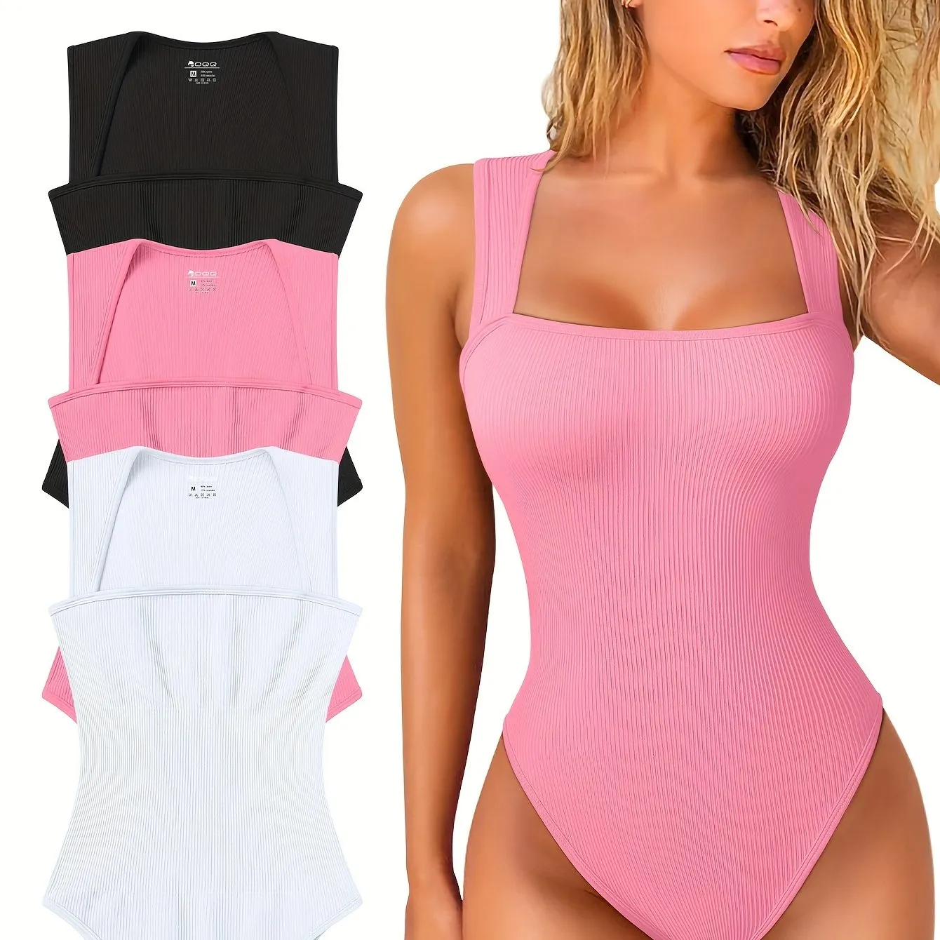 OQQ 3 Piece Bodysuits For Women Sexy Ribbed Strappy Square Neck Stretch Tank Tops Bodysuits