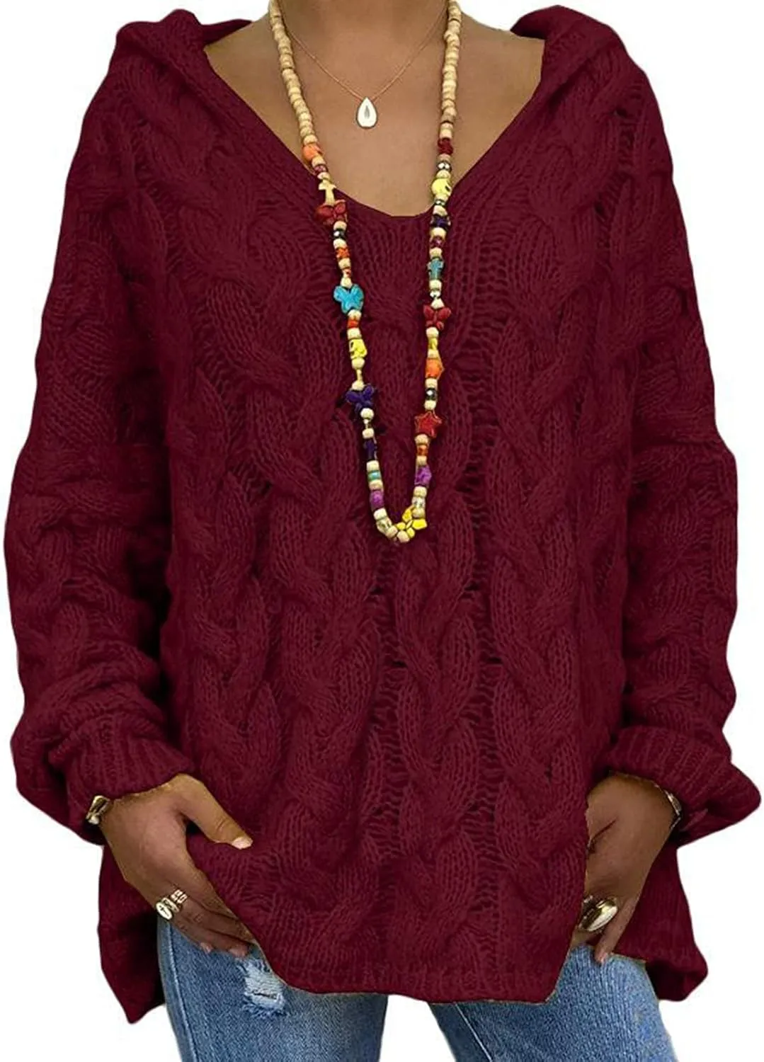 Oversized Sweater for Women, Plus Size Fashion Solid Cable Knit Sweater Hoodie Casual Crewneck Long Sleeve Shirt Top