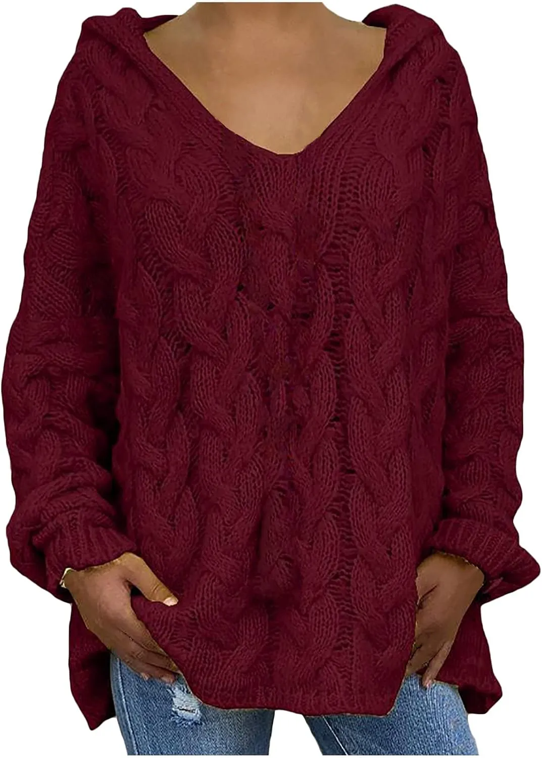 Oversized Sweater for Women, Plus Size Fashion Solid Cable Knit Sweater Hoodie Casual Crewneck Long Sleeve Shirt Top