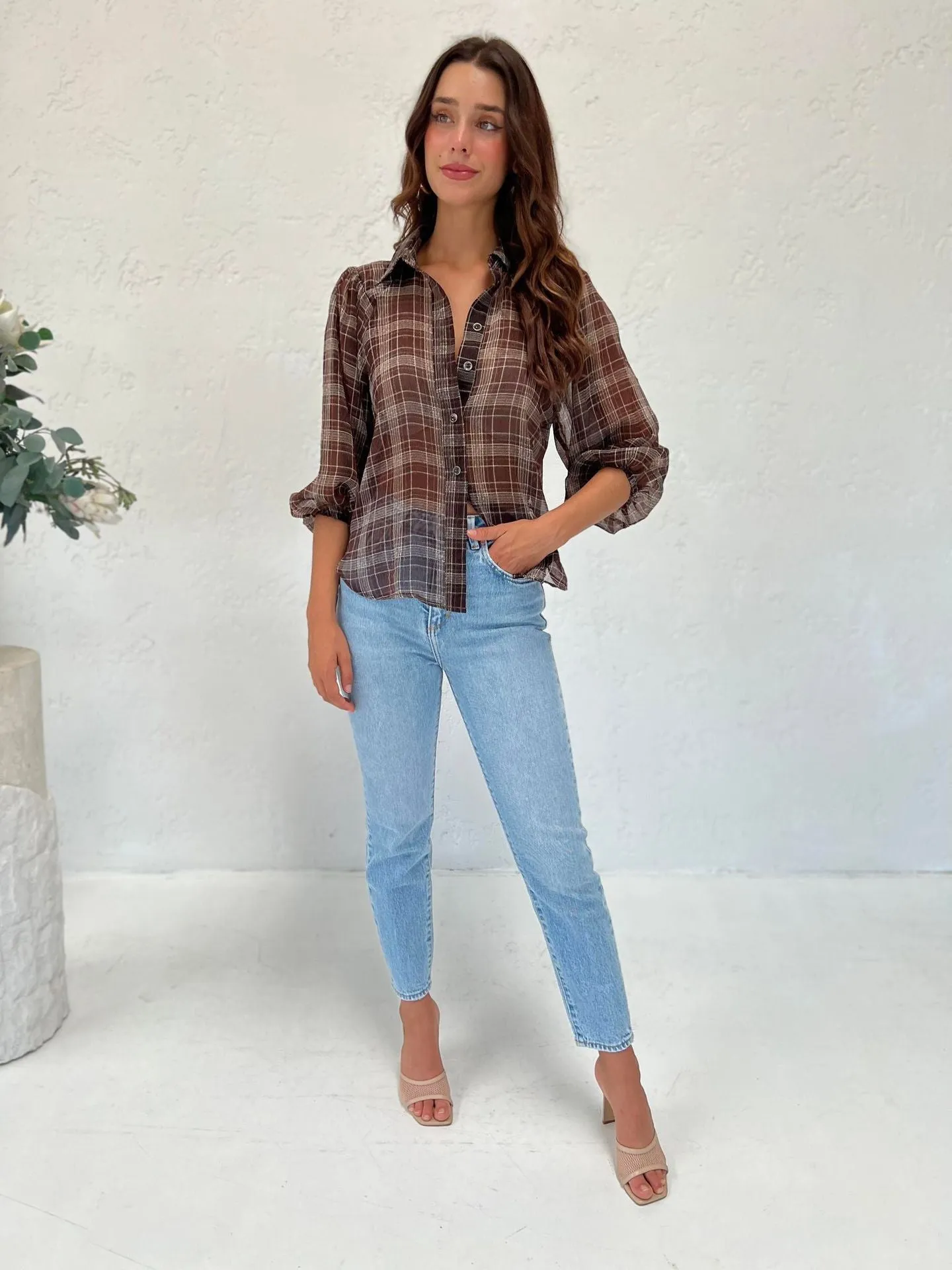 Plaid Print Mid Sleeve Button Chiffon Elegant Blouse Tops Business Casual Wholesale Women Shirts ST531358