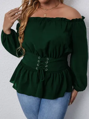 Plain Grommet Eyelet Long Sleeve Off The Shoulder Flared Regular Plus Size Blouse