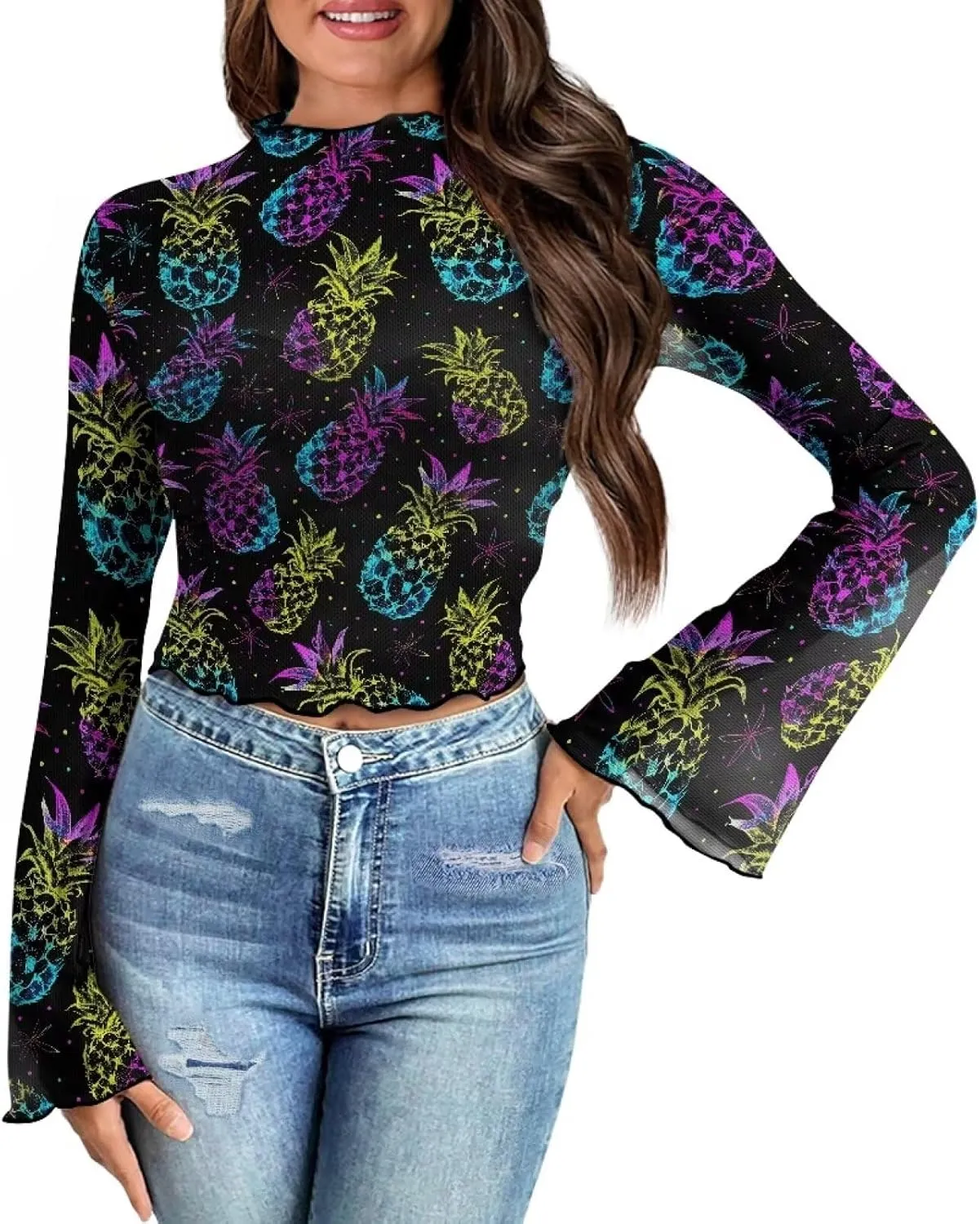 Plus Size Bell Sleeve Top Mesh Tops for Women Trumpet Sleeve Top