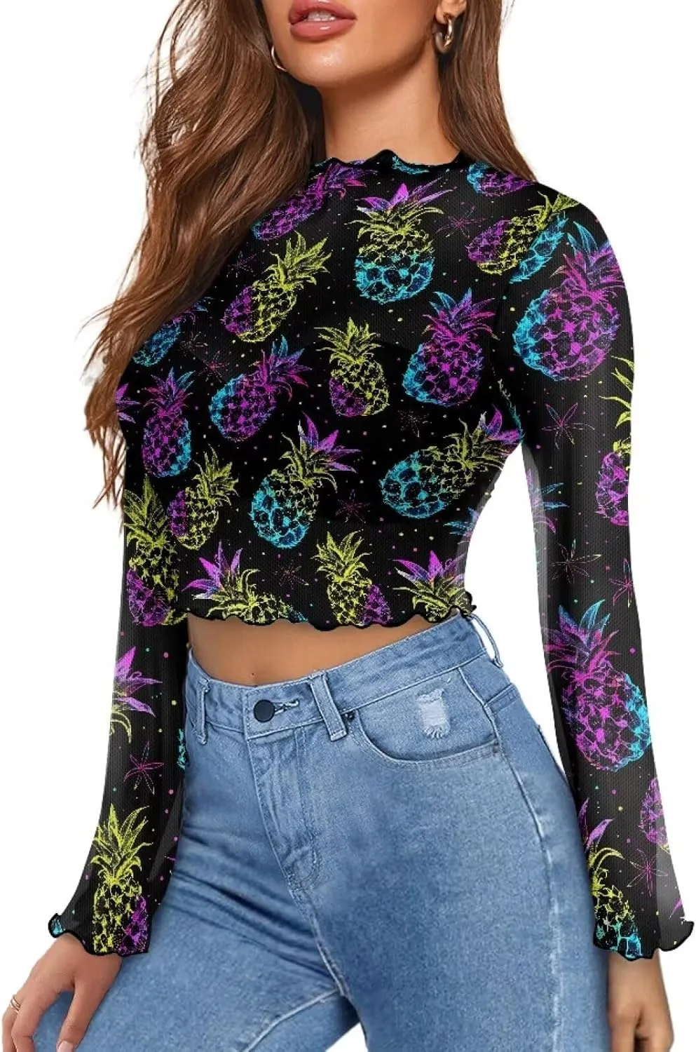 Plus Size Bell Sleeve Top Mesh Tops for Women Trumpet Sleeve Top