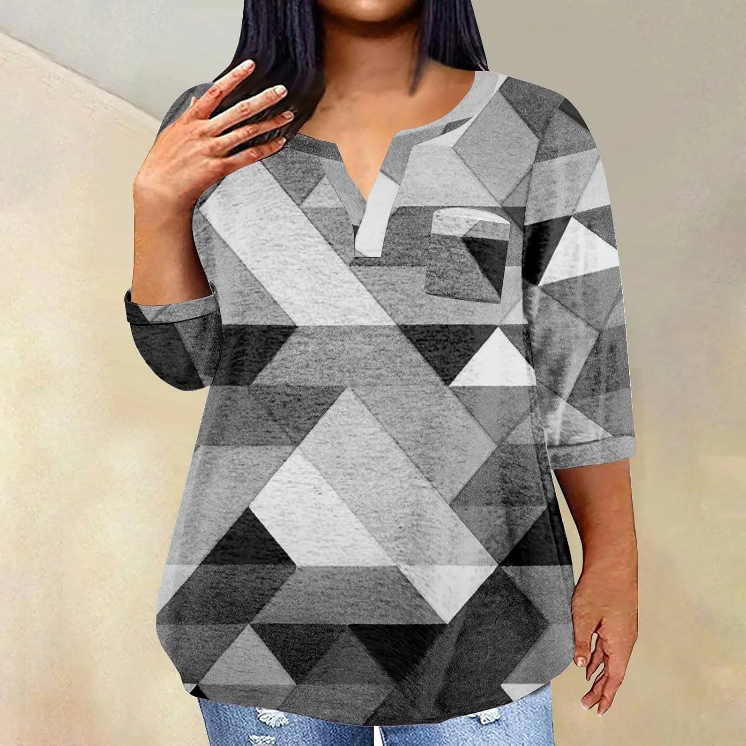 Plus Size Tops for Women Dressy Casual 3/4 Length Sleeve V Neck Shirts Comfy Gradient Loose Fit Fall Fashion Clothes