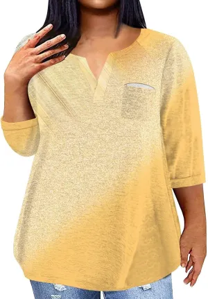 Plus Size Tops for Women Dressy Casual 3/4 Length Sleeve V Neck Shirts Comfy Gradient Loose Fit Fall Fashion Clothes