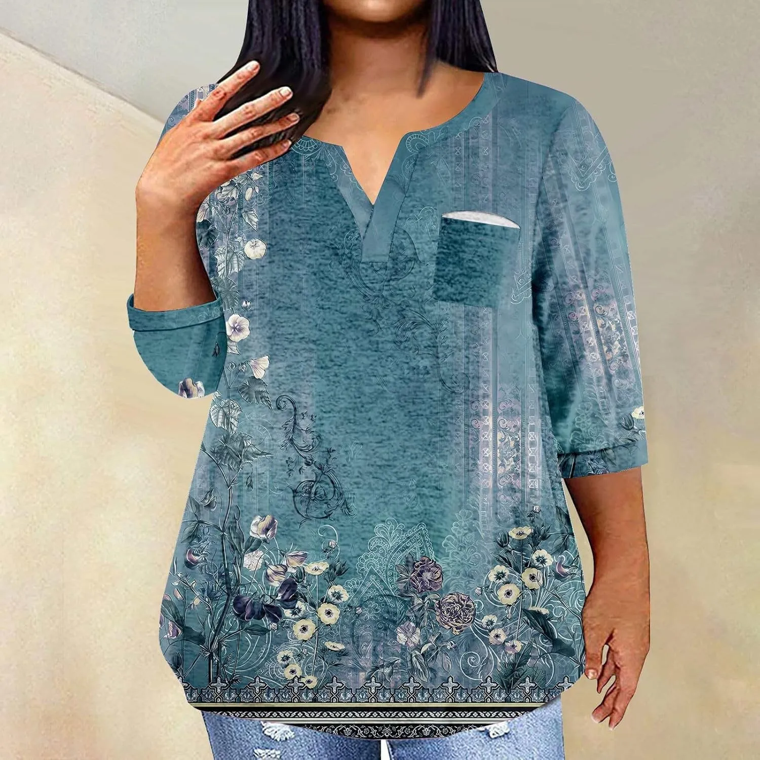 Plus Size Tops for Women Dressy Casual 3/4 Length Sleeve V Neck Shirts Comfy Gradient Loose Fit Fall Fashion Clothes