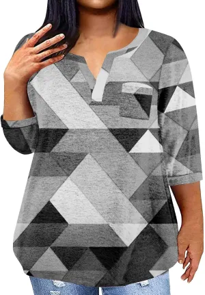 Plus Size Tops for Women Dressy Casual 3/4 Length Sleeve V Neck Shirts Comfy Gradient Loose Fit Fall Fashion Clothes