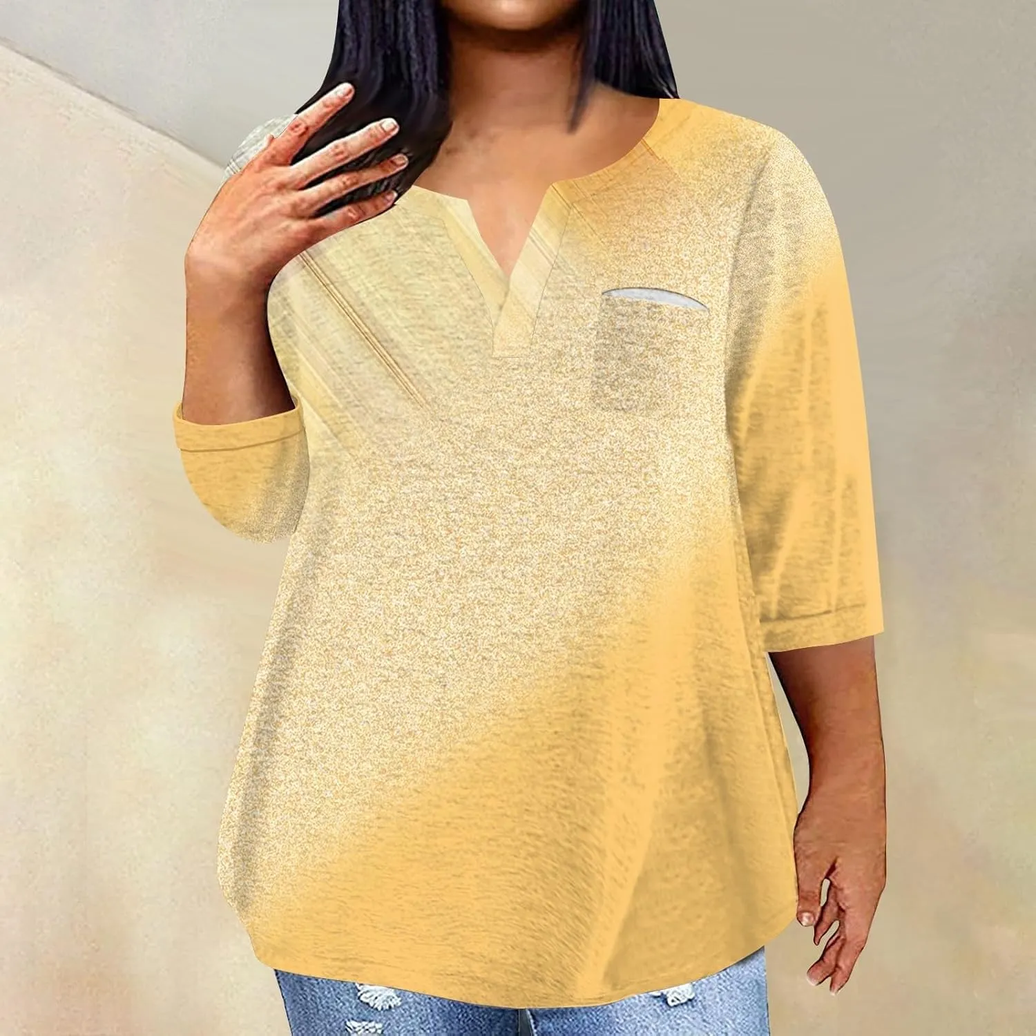 Plus Size Tops for Women Dressy Casual 3/4 Length Sleeve V Neck Shirts Comfy Gradient Loose Fit Fall Fashion Clothes