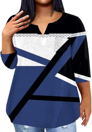 Plus Size Tops for Women Dressy Casual 3/4 Length Sleeve V Neck Shirts Comfy Gradient Loose Fit Fall Fashion Clothes