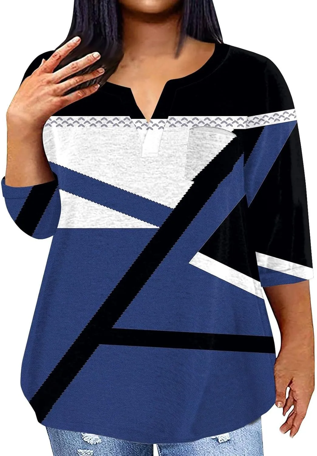 Plus Size Tops for Women Dressy Casual 3/4 Length Sleeve V Neck Shirts Comfy Gradient Loose Fit Fall Fashion Clothes
