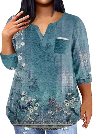 Plus Size Tops for Women Dressy Casual 3/4 Length Sleeve V Neck Shirts Comfy Gradient Loose Fit Fall Fashion Clothes