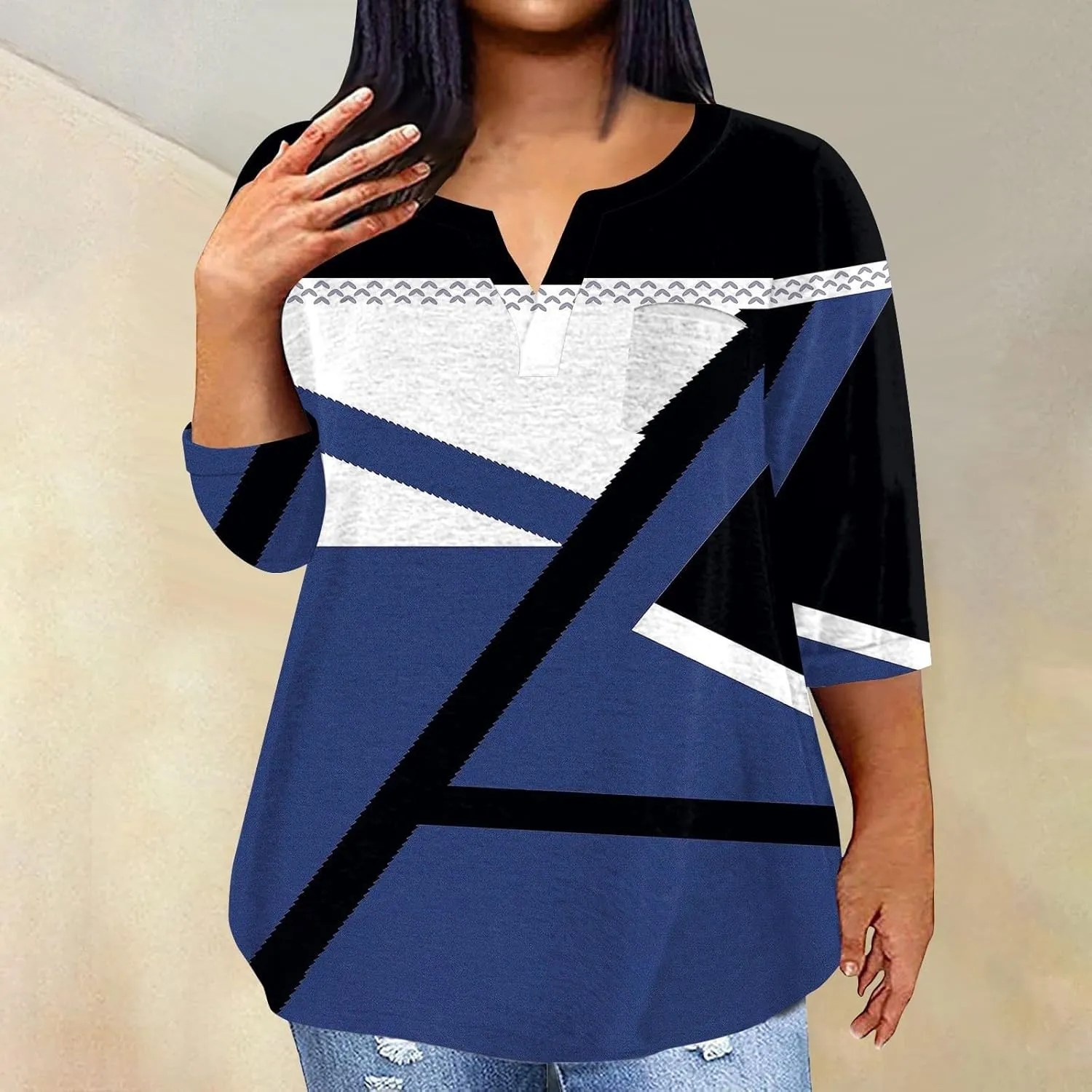 Plus Size Tops for Women Dressy Casual 3/4 Length Sleeve V Neck Shirts Comfy Gradient Loose Fit Fall Fashion Clothes