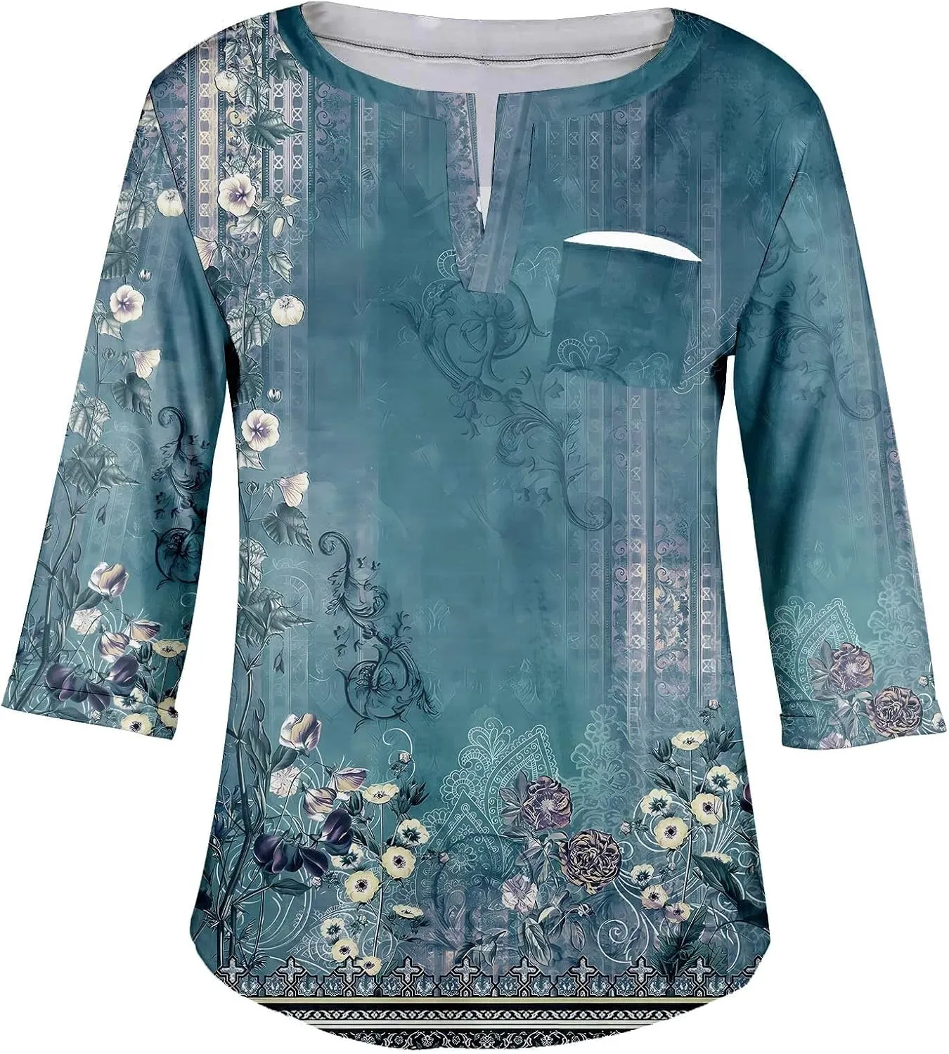 Plus Size Tops for Women Dressy Casual 3/4 Length Sleeve V Neck Shirts Comfy Gradient Loose Fit Fall Fashion Clothes