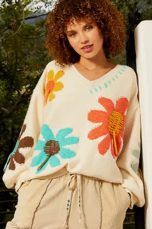 POL Floral Pattern Print Sweater in Ivory