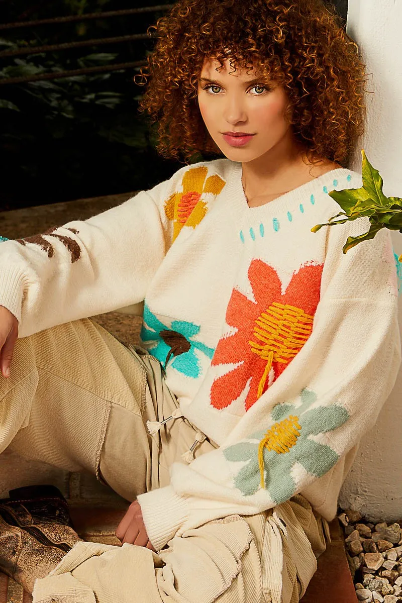 POL Floral Pattern Print Sweater in Ivory