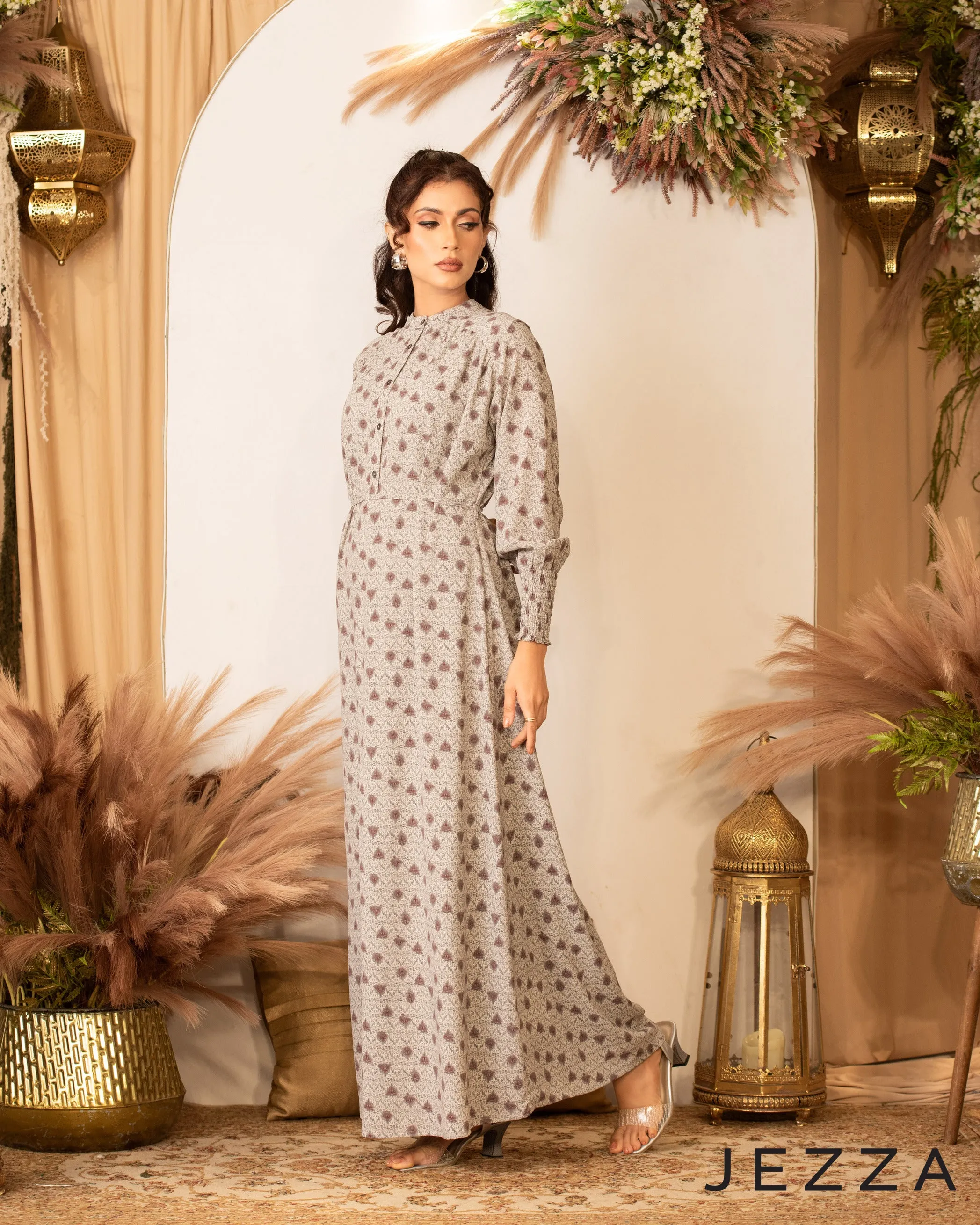 Printed Long Dress with Smocked Cuffs 60212