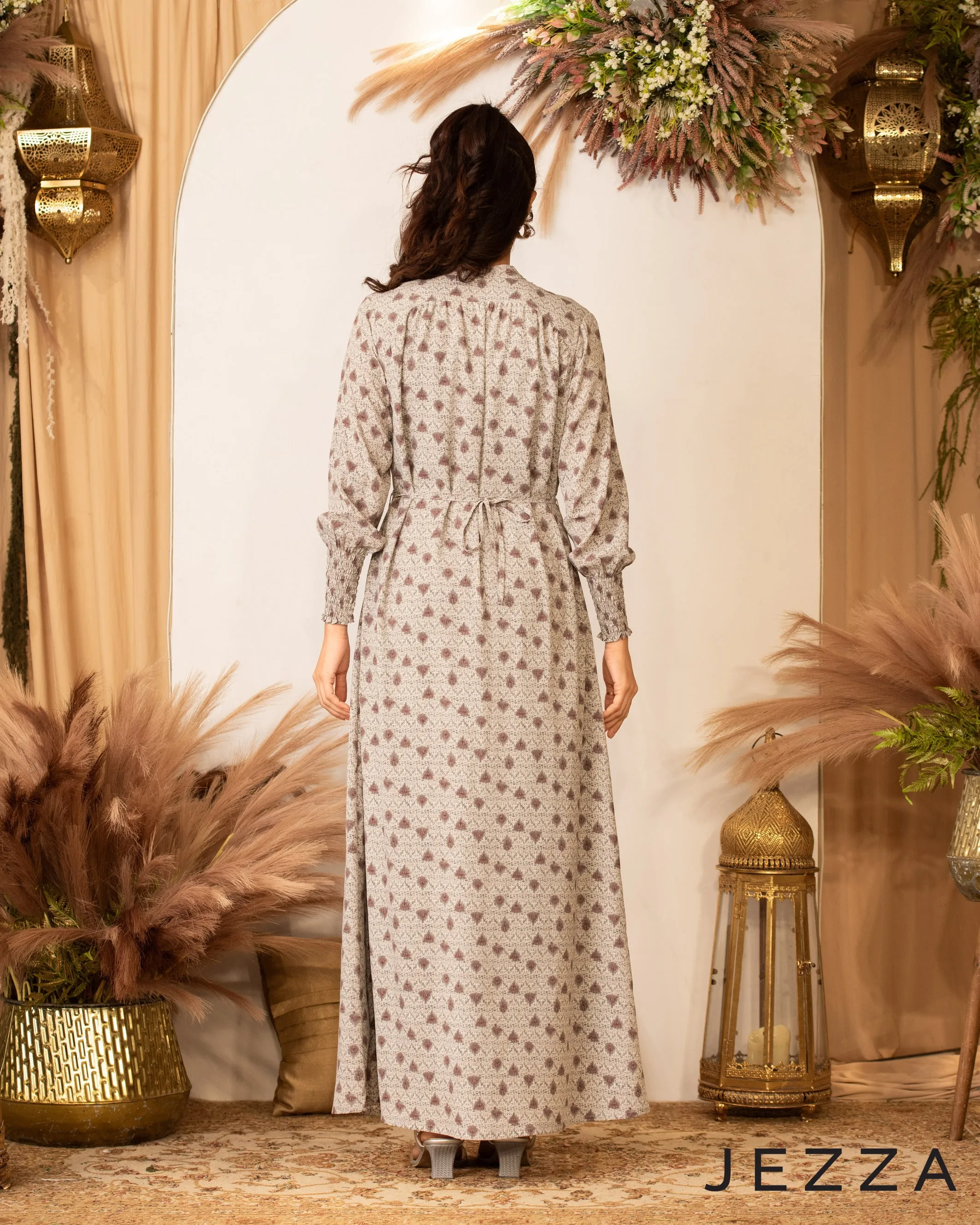 Printed Long Dress with Smocked Cuffs 60212