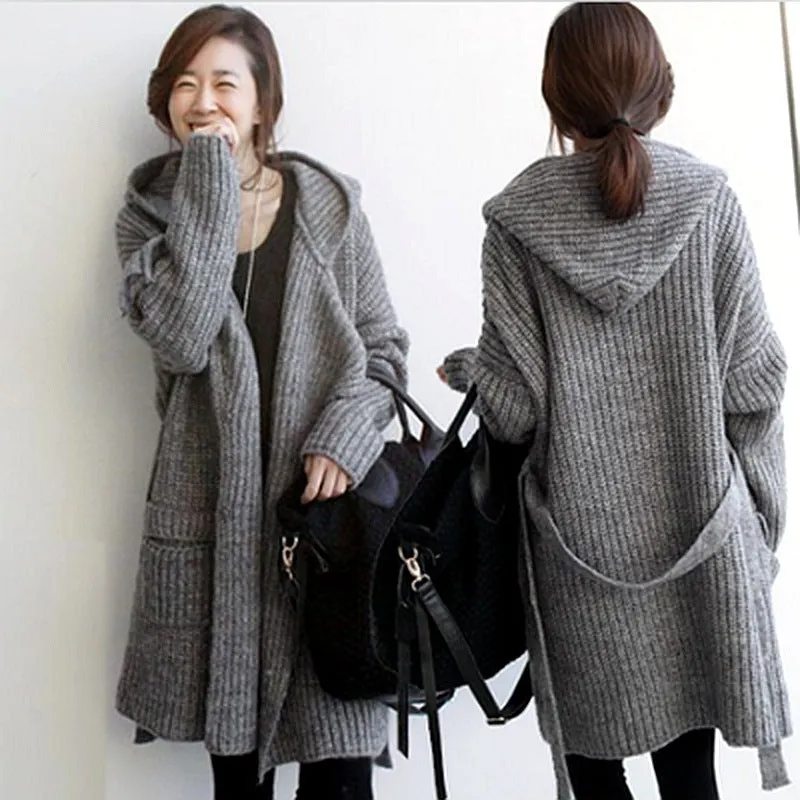 Pure Color Long Sleeves Pockets Long Hooded Cardigan