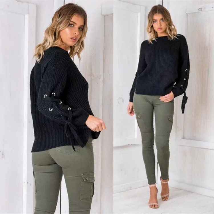Pure Color Long Sleeves Scoop Straps Regular Sweater