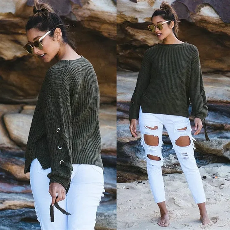 Pure Color Long Sleeves Scoop Straps Regular Sweater