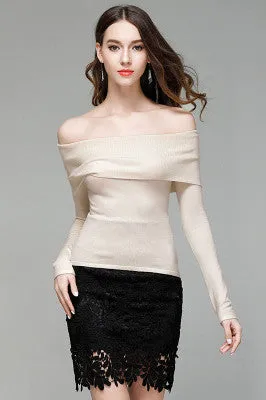 Pure Color Off Shoulder Long Sleeves Slim Sweater