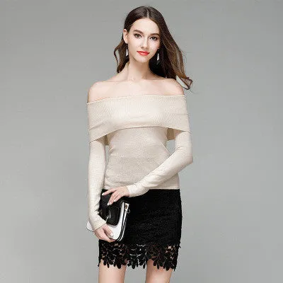 Pure Color Off Shoulder Long Sleeves Slim Sweater
