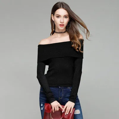 Pure Color Off Shoulder Long Sleeves Slim Sweater