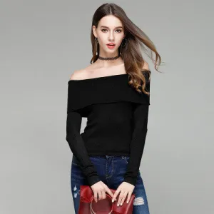 Pure Color Off Shoulder Long Sleeves Slim Sweater
