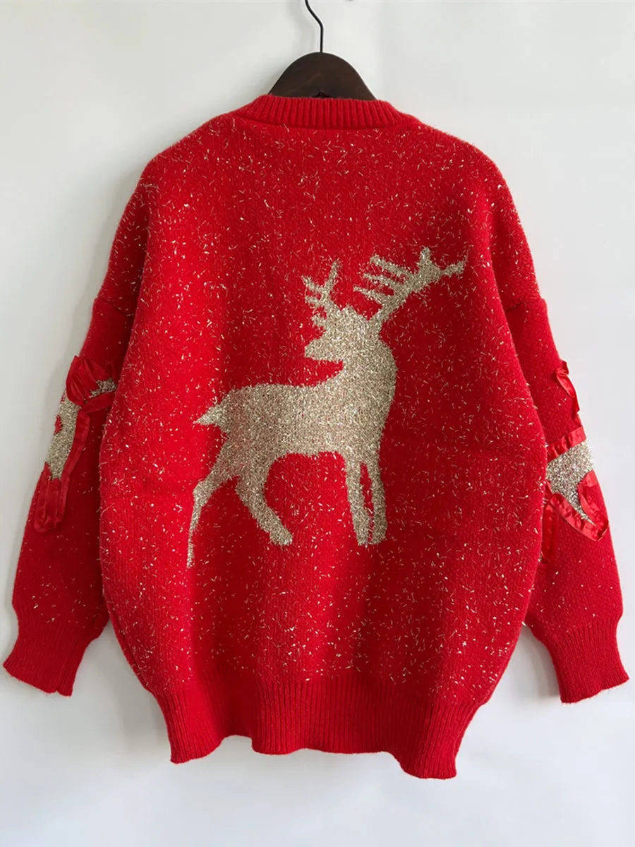 Reindeer Round Neck Long Sleeve Sweater Christmas Sweater Womens Fashion Holiday Clothing Ugly Christmas Sweater Unisex Sweatshirt KESLEY
