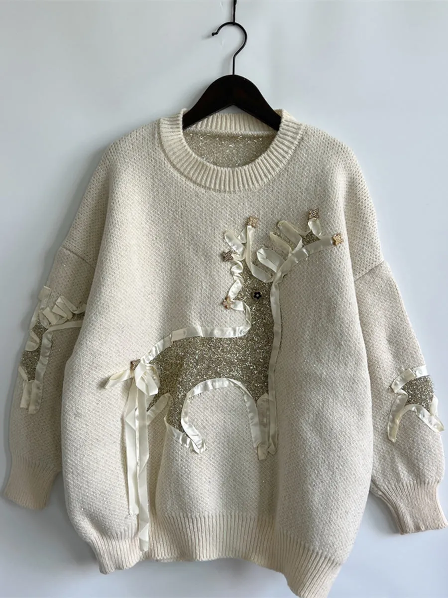 Reindeer Round Neck Long Sleeve Sweater Christmas Sweater Womens Fashion Holiday Clothing Ugly Christmas Sweater Unisex Sweatshirt KESLEY
