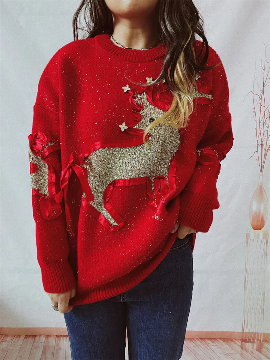 Reindeer Round Neck Long Sleeve Sweater Christmas Sweater Womens Fashion Holiday Clothing Ugly Christmas Sweater Unisex Sweatshirt KESLEY