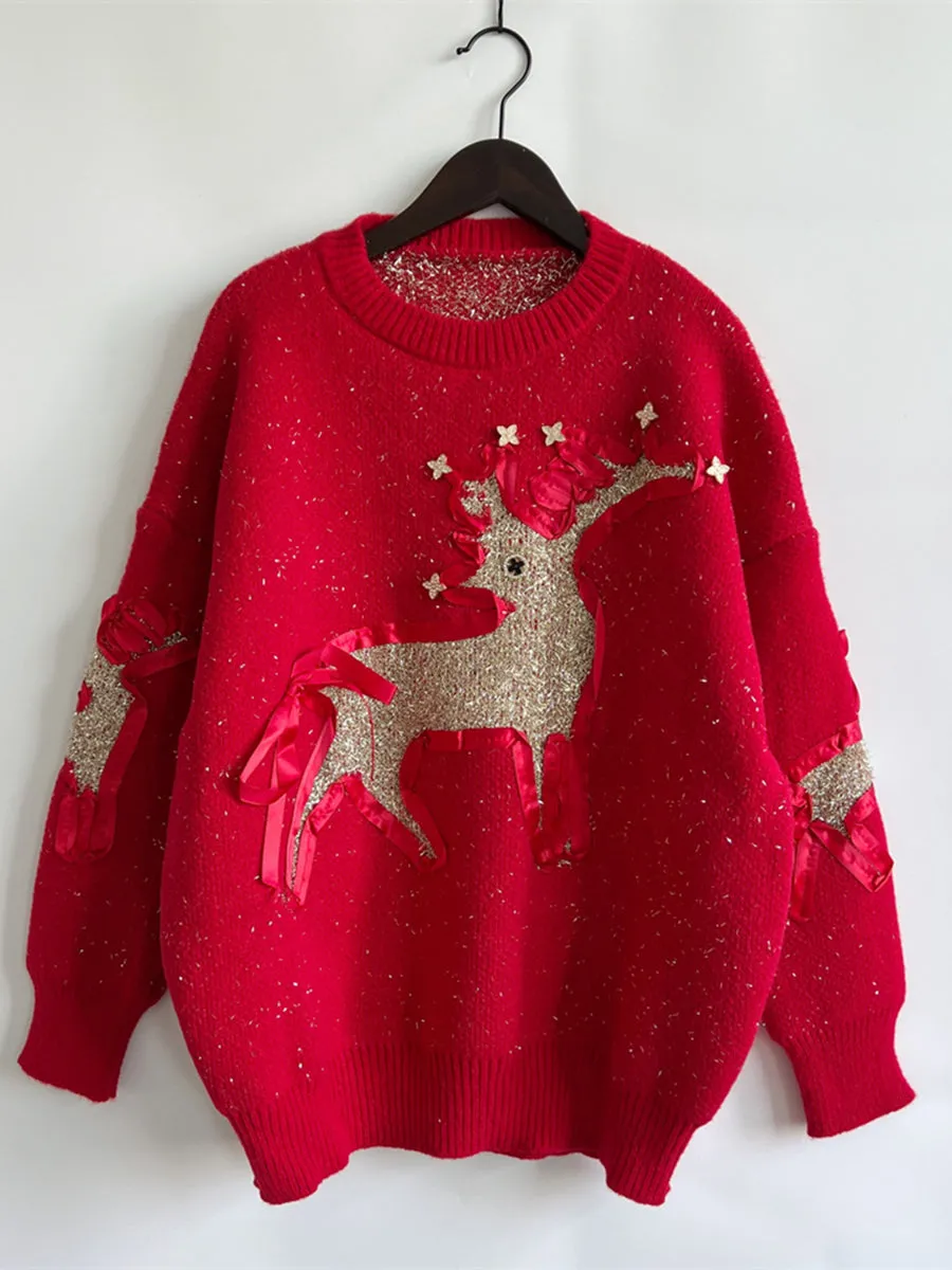 Reindeer Round Neck Long Sleeve Sweater Christmas Sweater Womens Fashion Holiday Clothing Ugly Christmas Sweater Unisex Sweatshirt KESLEY