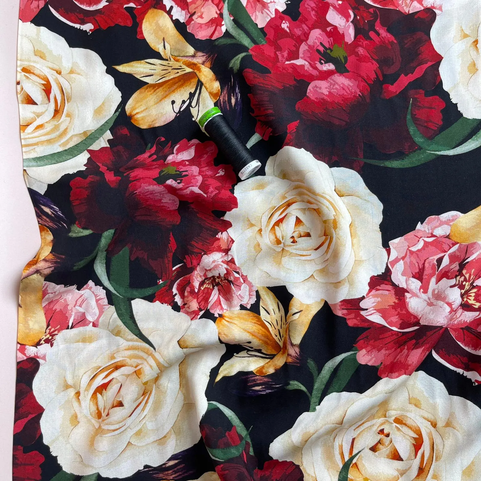 Romance Flowers on Black Viscose Fabric