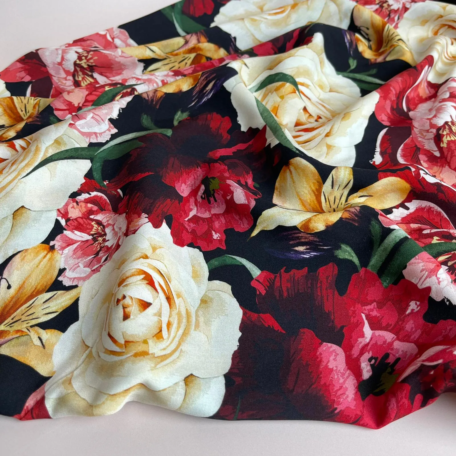 Romance Flowers on Black Viscose Fabric