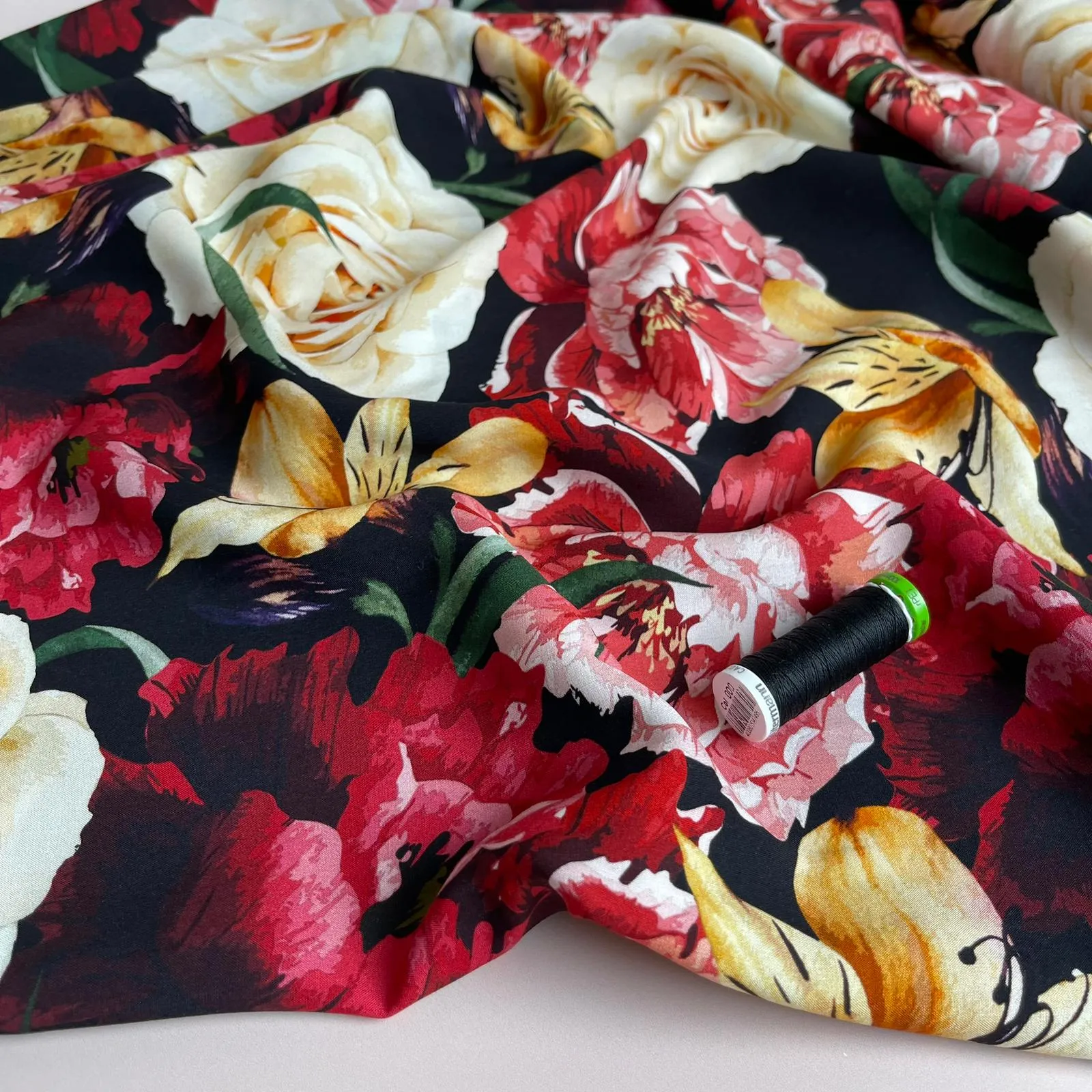Romance Flowers on Black Viscose Fabric