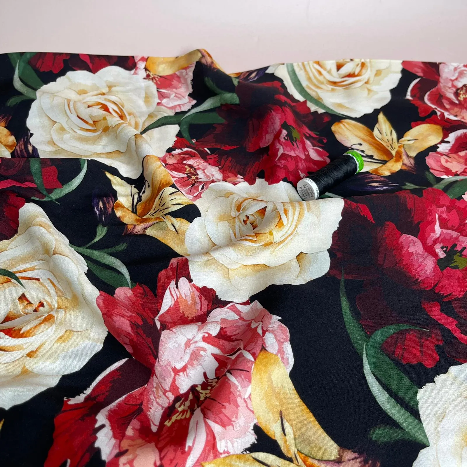 Romance Flowers on Black Viscose Fabric