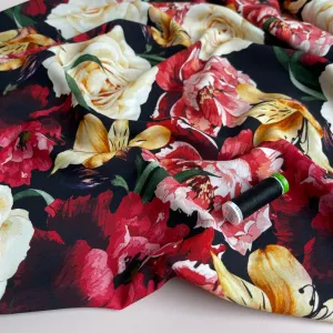 Romance Flowers on Black Viscose Fabric