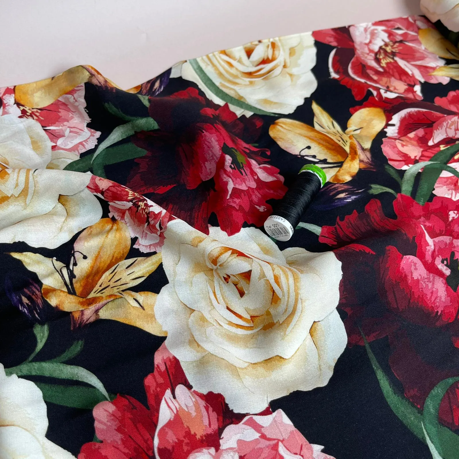 Romance Flowers on Black Viscose Fabric