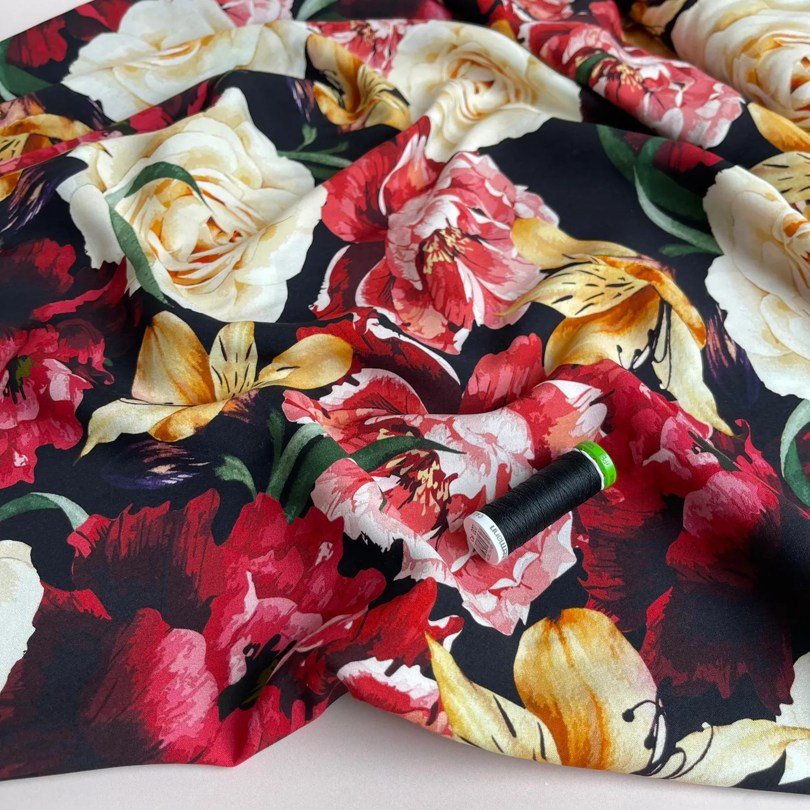 Romance Flowers on Black Viscose Fabric